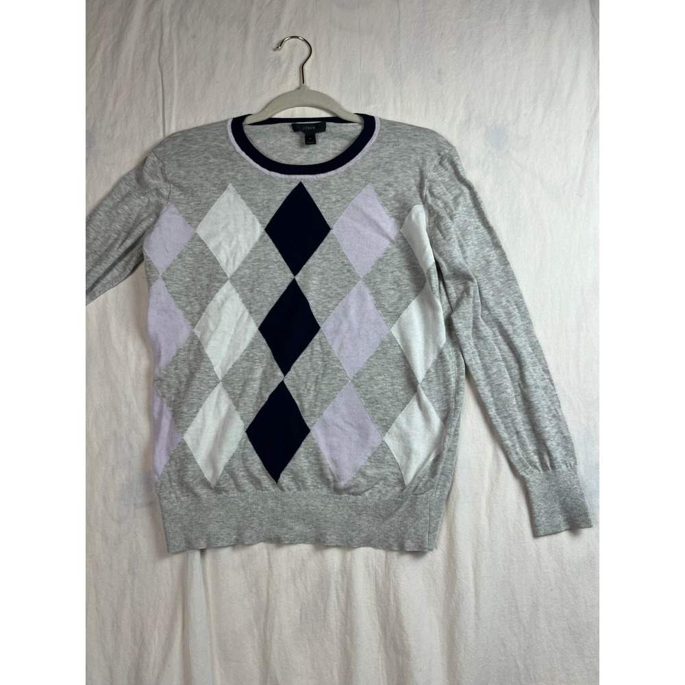 J.Crew Womens‎ Argyle Cotton Crewneck Sweater Grey Lavender Navy Blue Small
